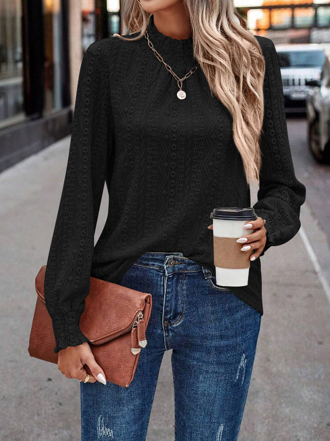 Textured Eyelet Mock Neck Blouse - Black - 1