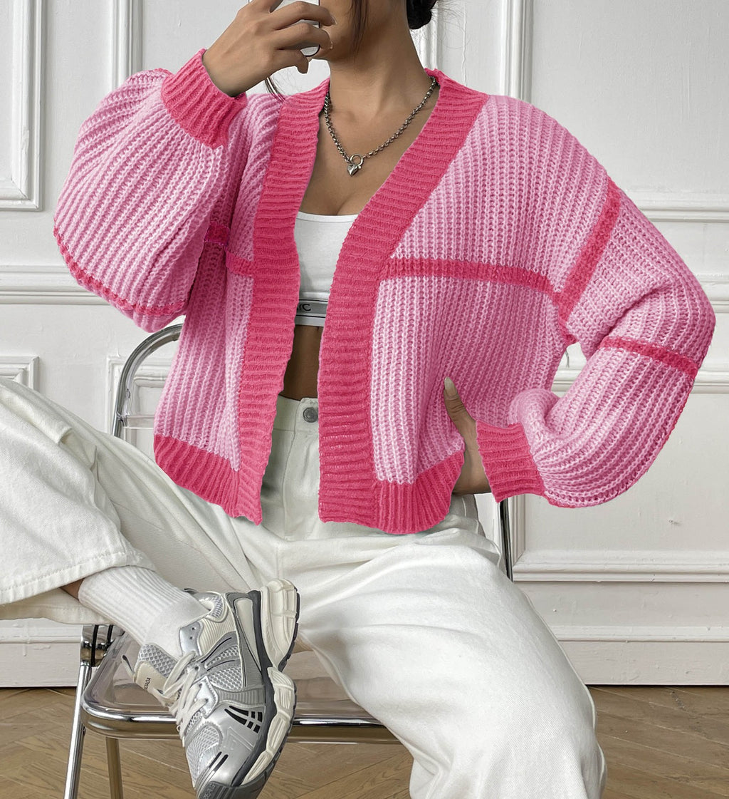 Colorblock Chunky Knit Cropped Cardigan - RoseRed