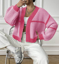Colorblock Chunky Knit Cropped Cardigan - RoseRed