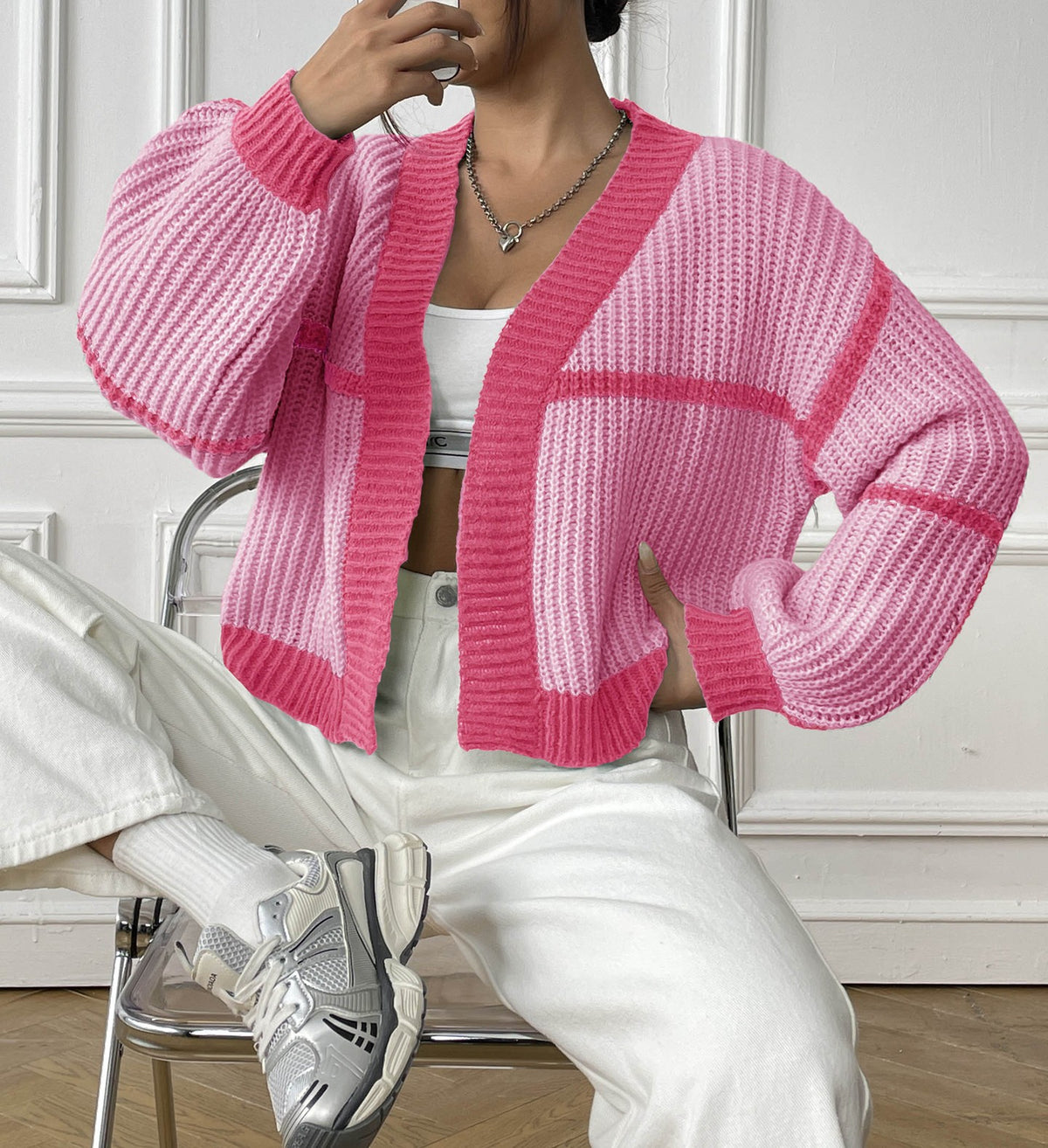 Colorblock Chunky Knit Cropped Cardigan - RoseRed