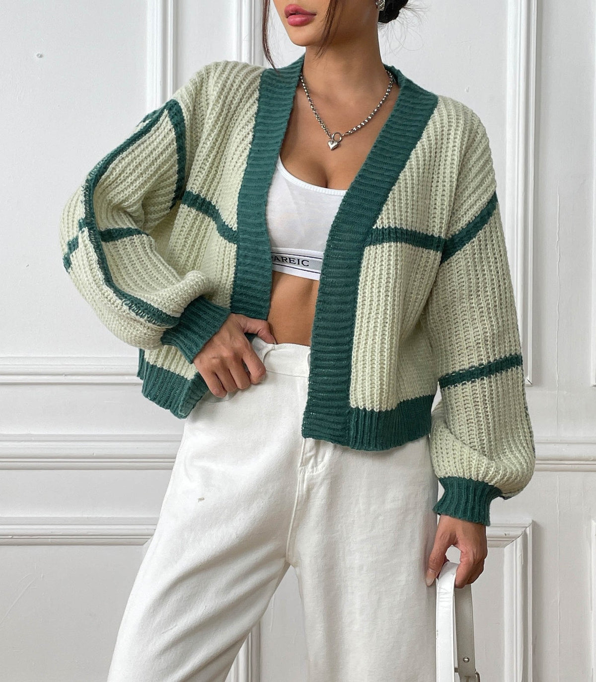 Colorblock Chunky Knit Cropped Cardigan - green