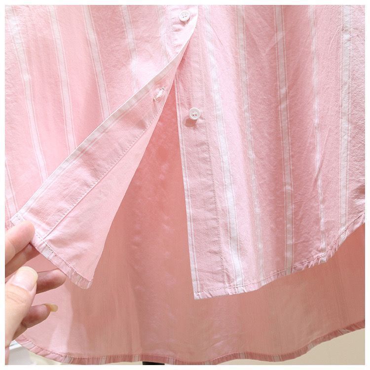 Oversized Striped Cotton Button Down Shirt - Pink - 1
