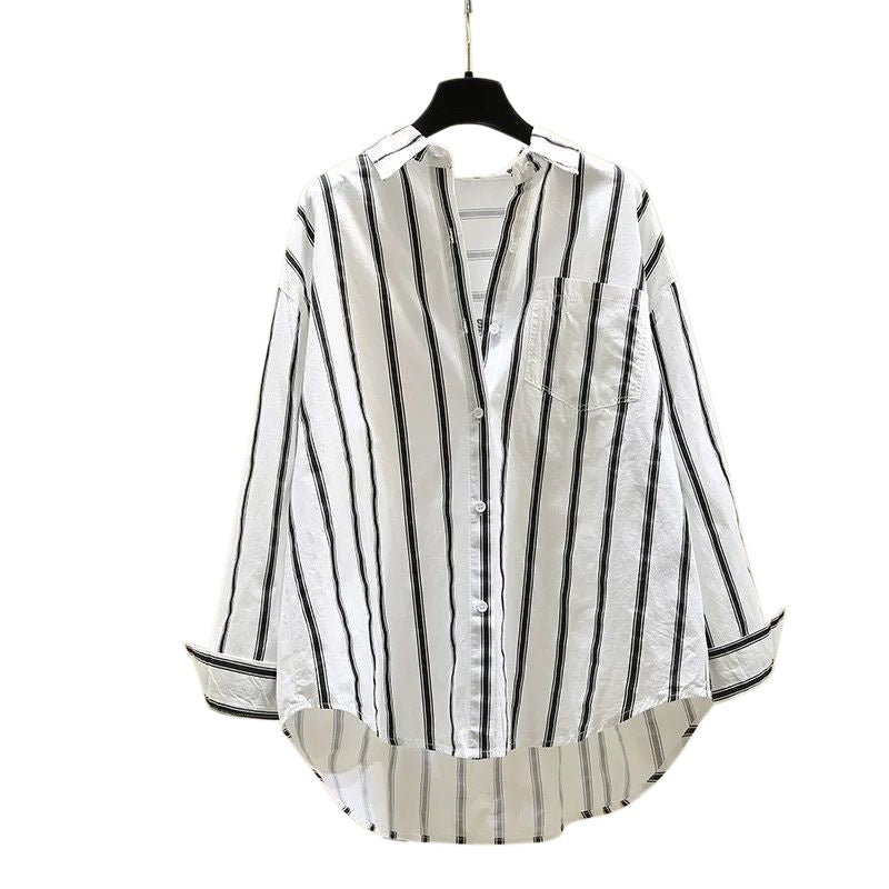 Oversized Striped Cotton Button Down Shirt - White