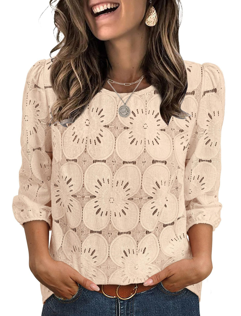 Eyelet Floral Round Neck Puff Sleeve Blouse - Beige