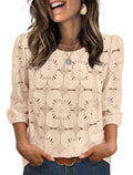 Eyelet Floral Round Neck Puff Sleeve Blouse - Beige