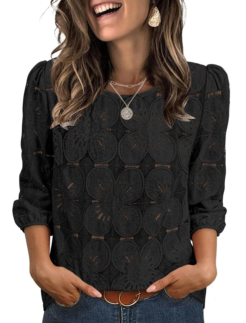 Eyelet Floral Round Neck Puff Sleeve Blouse - Black