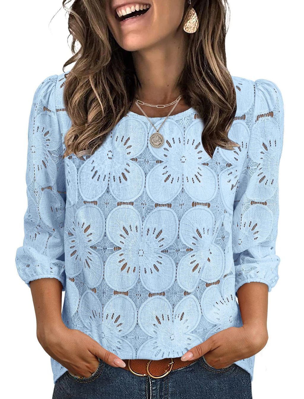 Eyelet Floral Round Neck Puff Sleeve Blouse - Blue