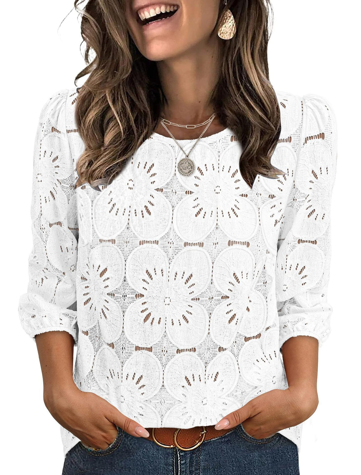 Eyelet Floral Round Neck Puff Sleeve Blouse - White