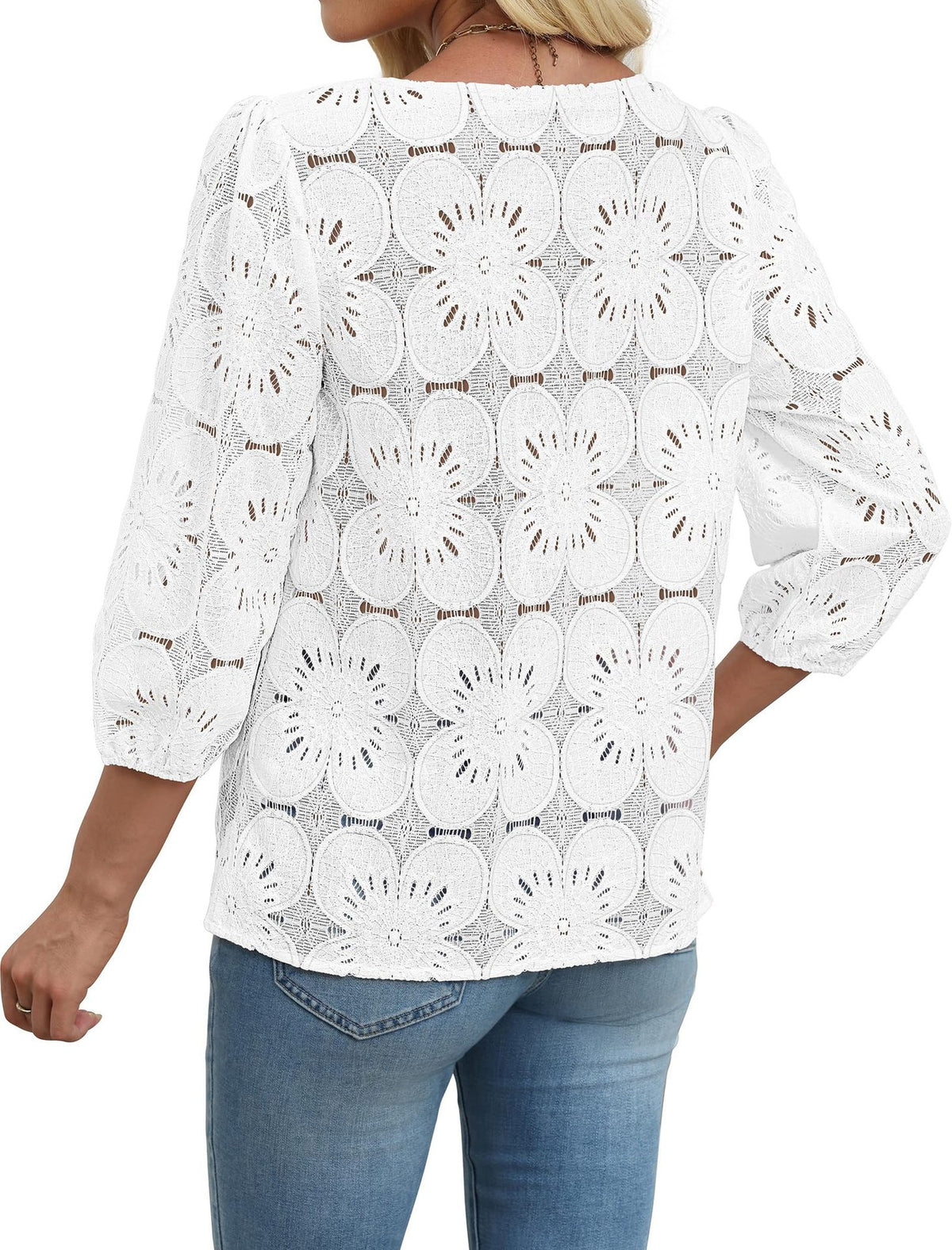 Eyelet Floral Round Neck Puff Sleeve Blouse