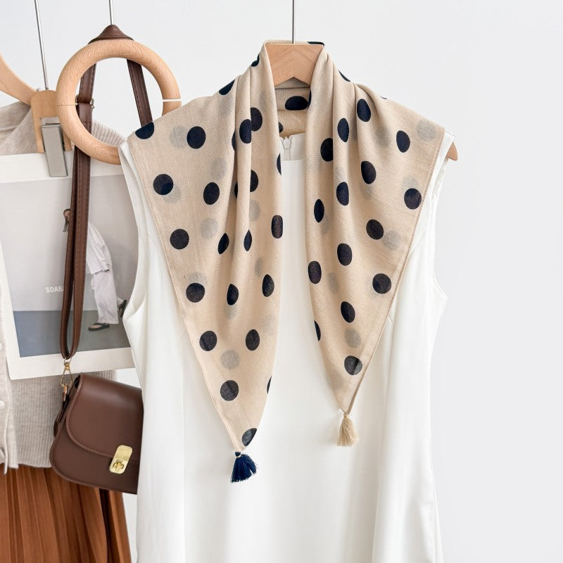 Polka Dot Bandana With Corner Tassels - Beige