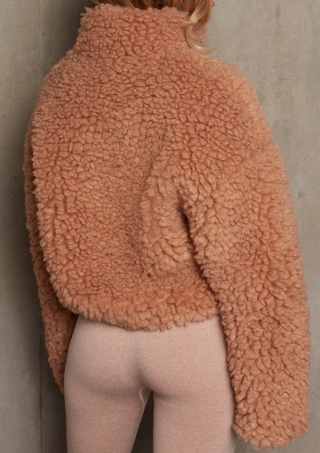 Fuzzy Sherpa Funnel Neck Cropped Jacket - Umber - 2