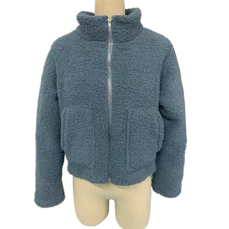 Fuzzy Sherpa Funnel Neck Cropped Jacket - blue - 1