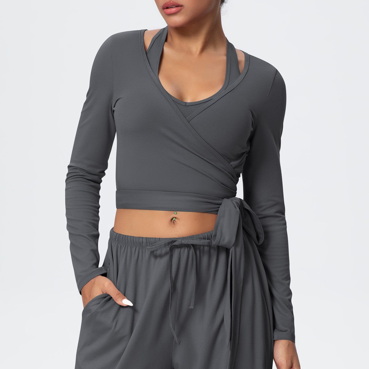Brushed Halter Wrap Tie Long Sleeve Crop Yoga Top - Charcoal