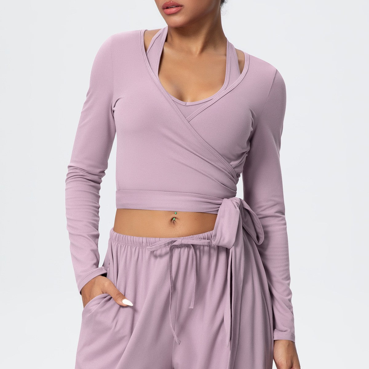 Brushed Halter Wrap Tie Long Sleeve Crop Yoga Top - Lilac