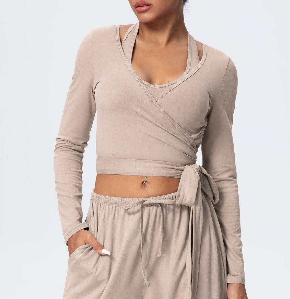 Brushed Halter Wrap Tie Long Sleeve Crop Yoga Top - Linen