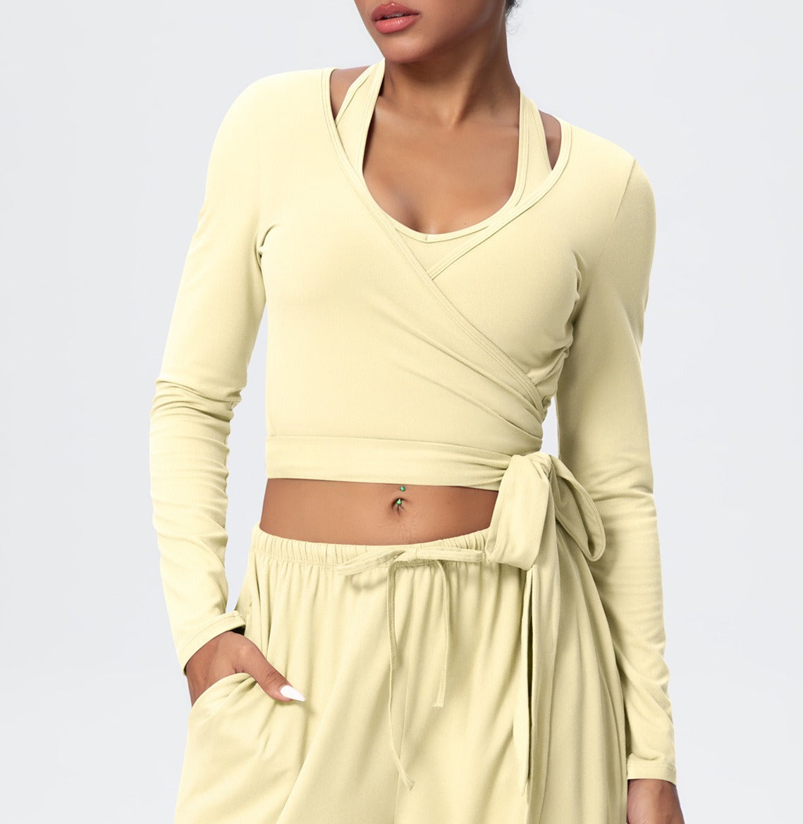 Brushed Halter Wrap Tie Long Sleeve Crop Yoga Top - Pale Yellow