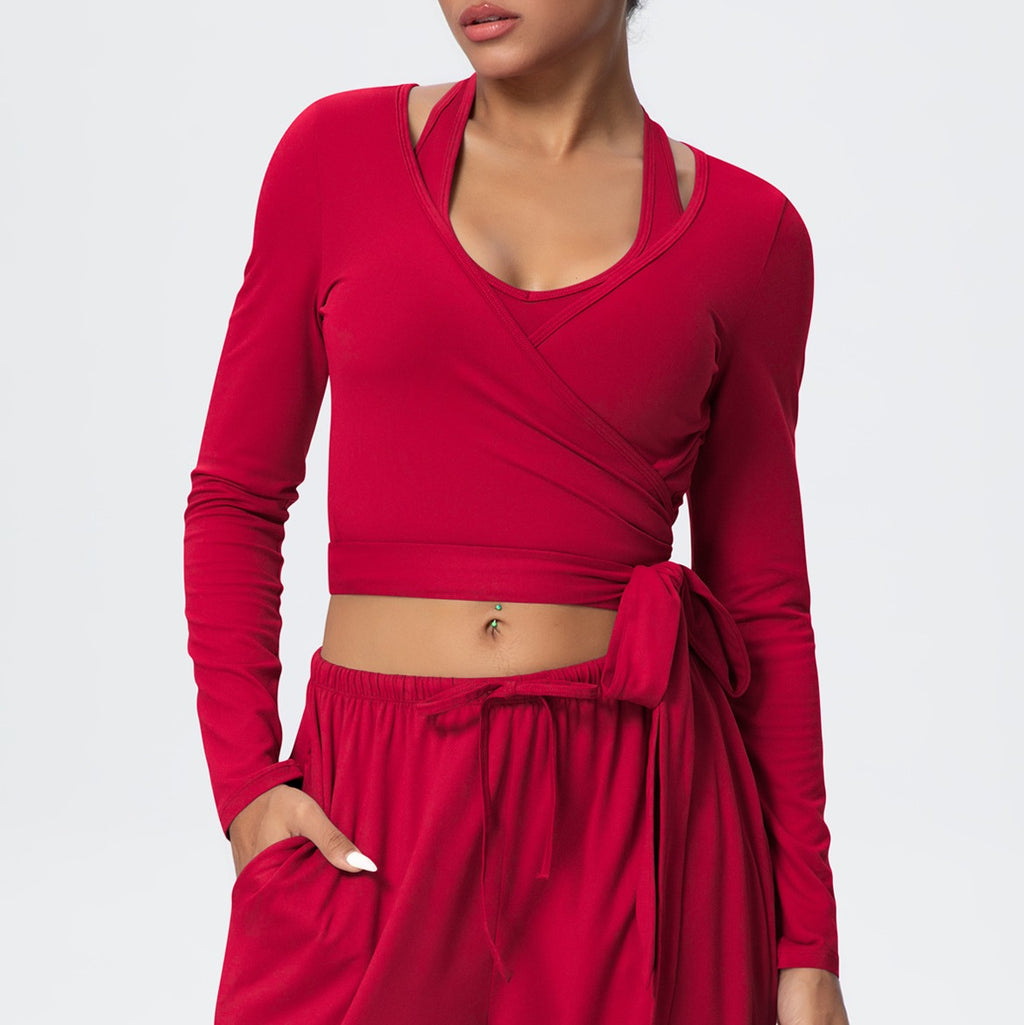Brushed Halter Wrap Tie Long Sleeve Crop Yoga Top - Red