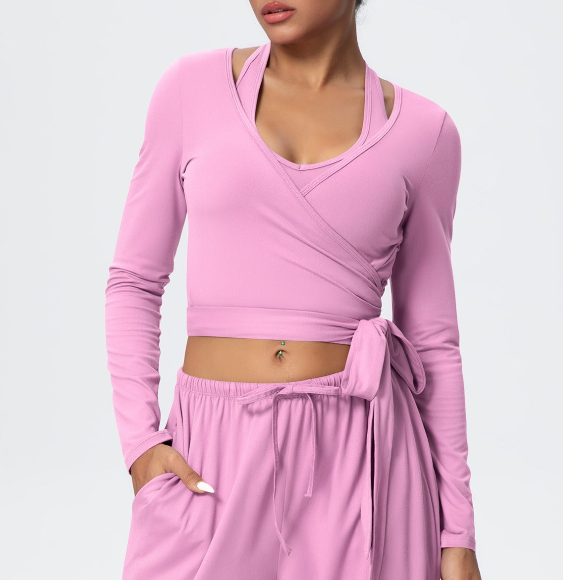 Brushed Halter Wrap Tie Long Sleeve Crop Yoga Top - Rose Pink
