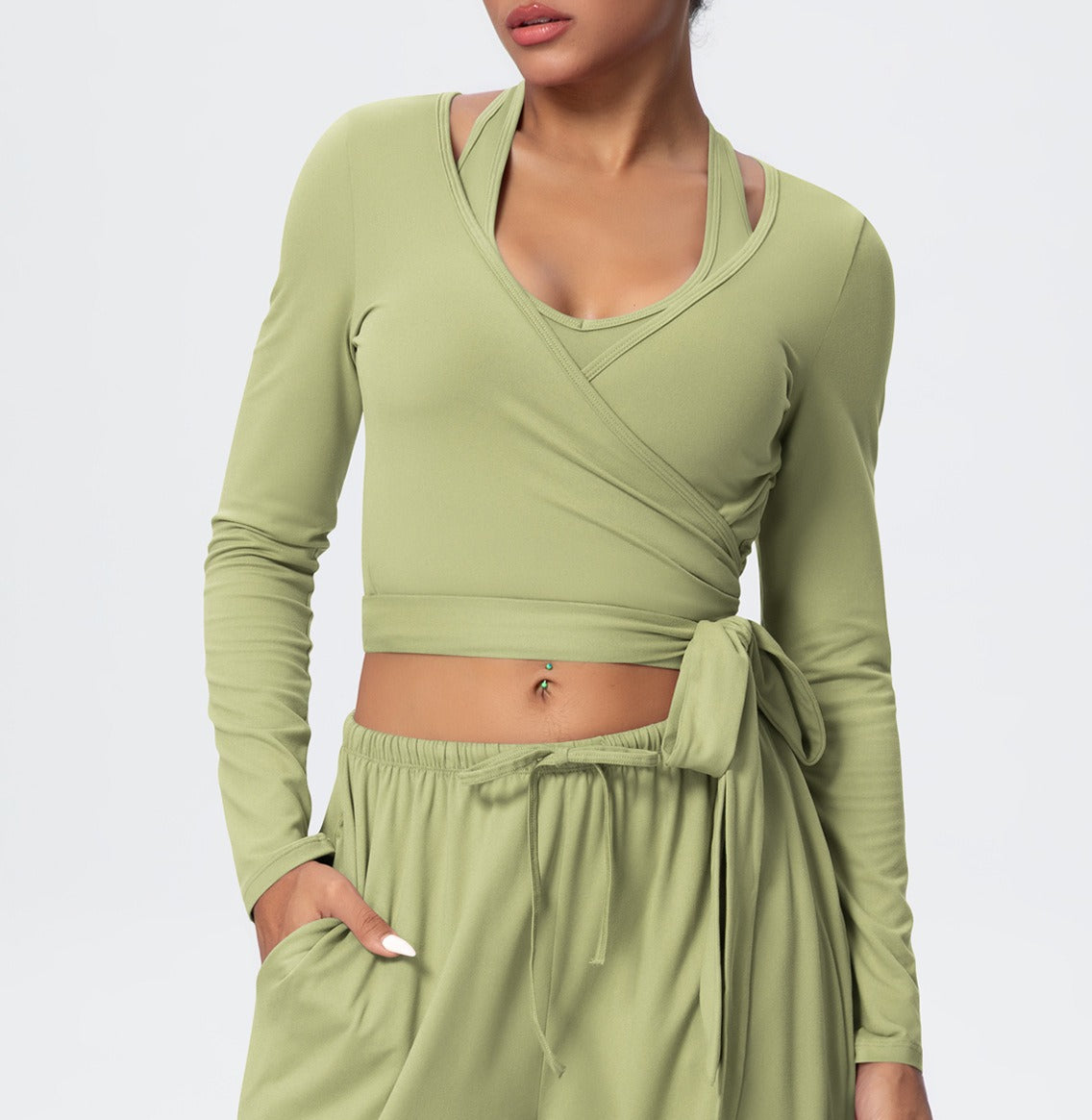Brushed Halter Wrap Tie Long Sleeve Crop Yoga Top - Sage Green