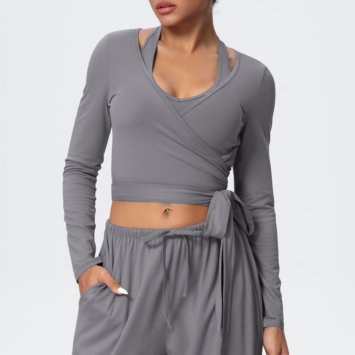 Brushed Halter Wrap Tie Long Sleeve Crop Yoga Top - Smoke Gray
