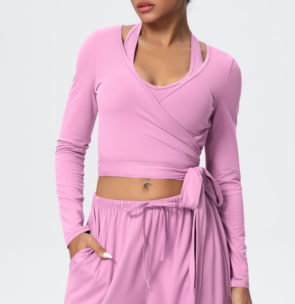 Brushed Halter Wrap Tie Long Sleeve Crop Yoga Top