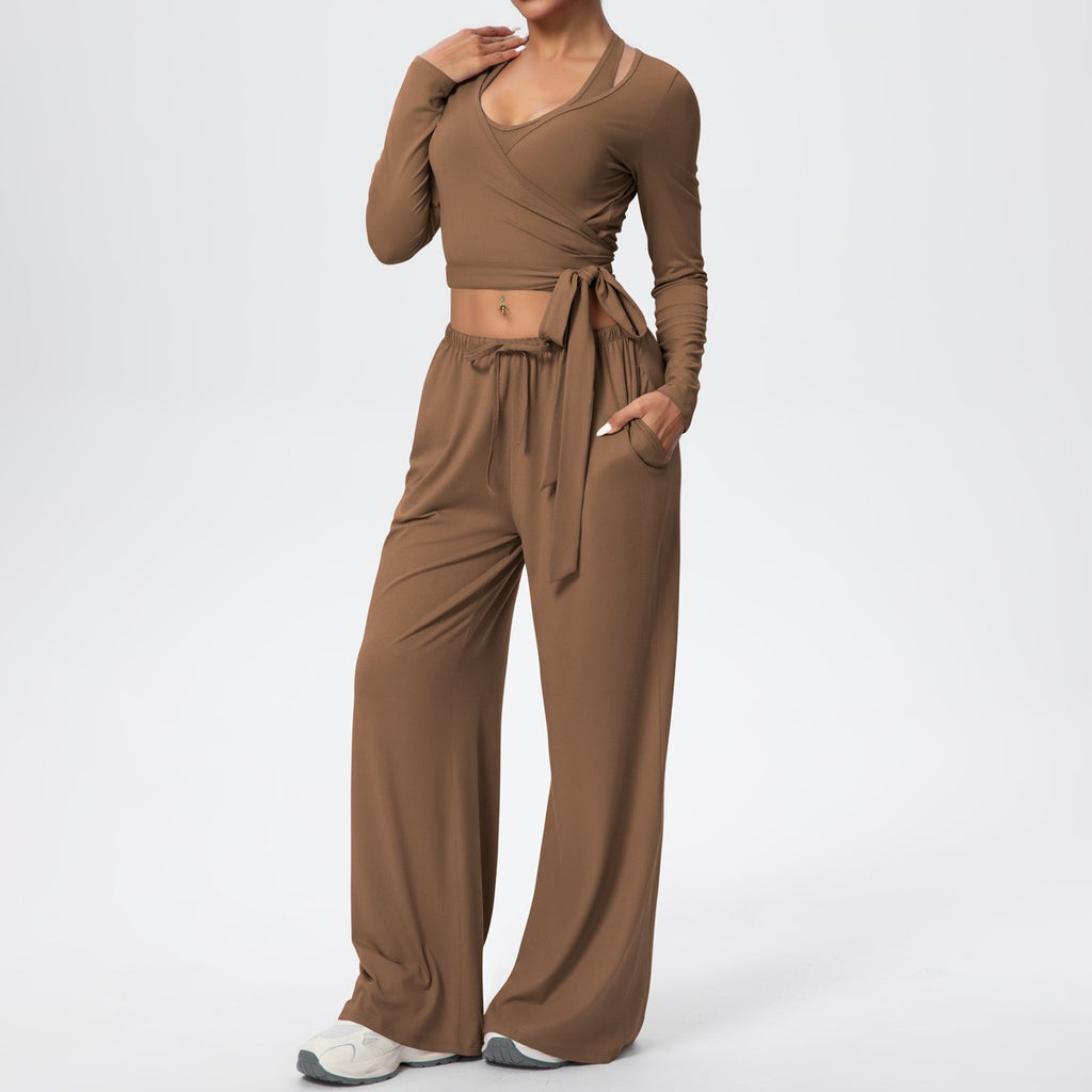 Brushed Halter Wrap Tie Long Sleeve Crop Yoga Top