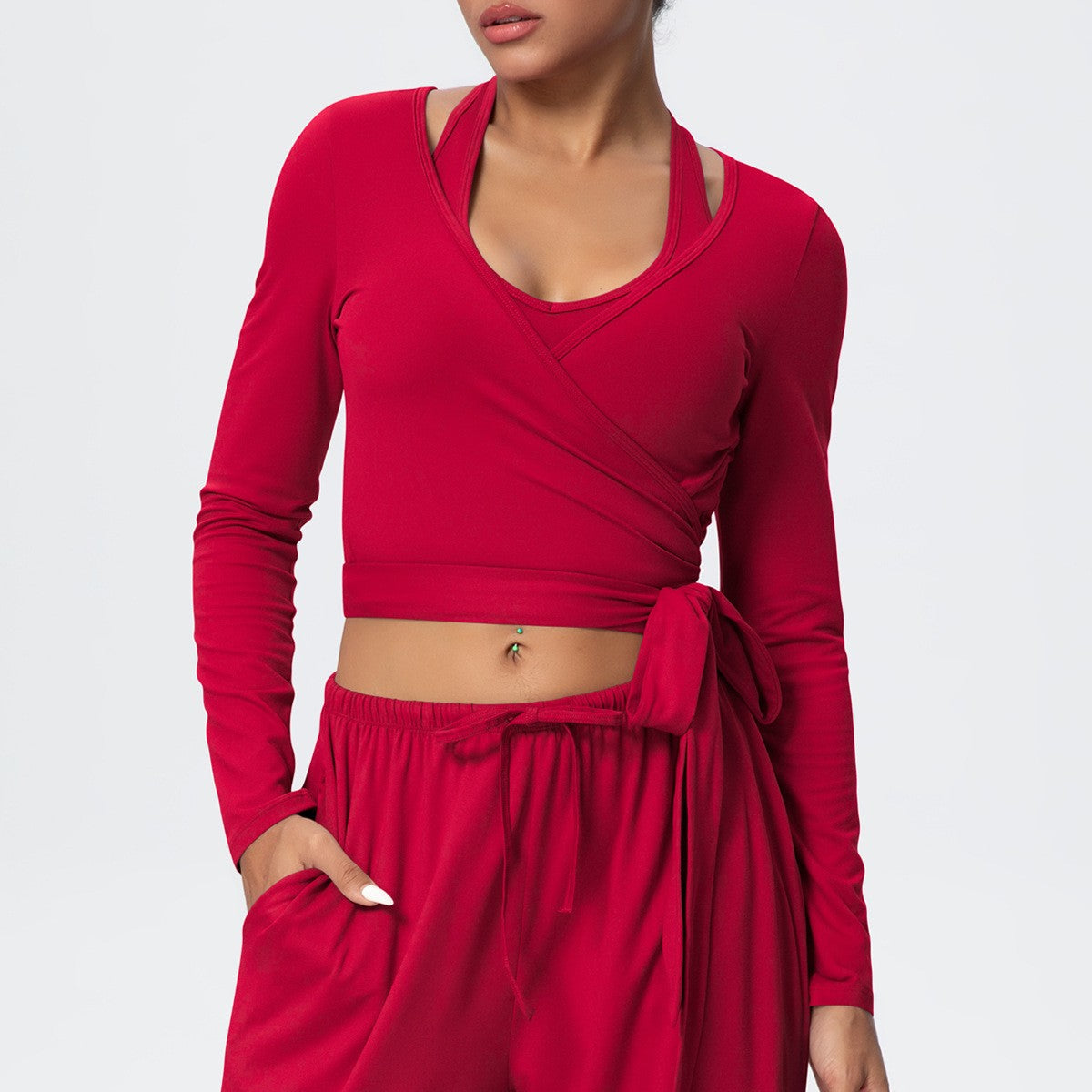 Brushed Halter Wrap Tie Long Sleeve Crop Yoga Top