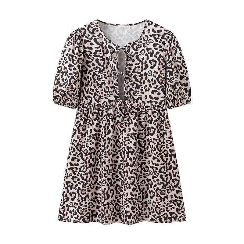 Puff Sleeve Keyhole Babydoll Mini Dress - Leopard