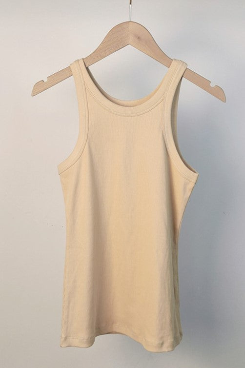 Ribbed Cotton Racerback Tank Top - Beige