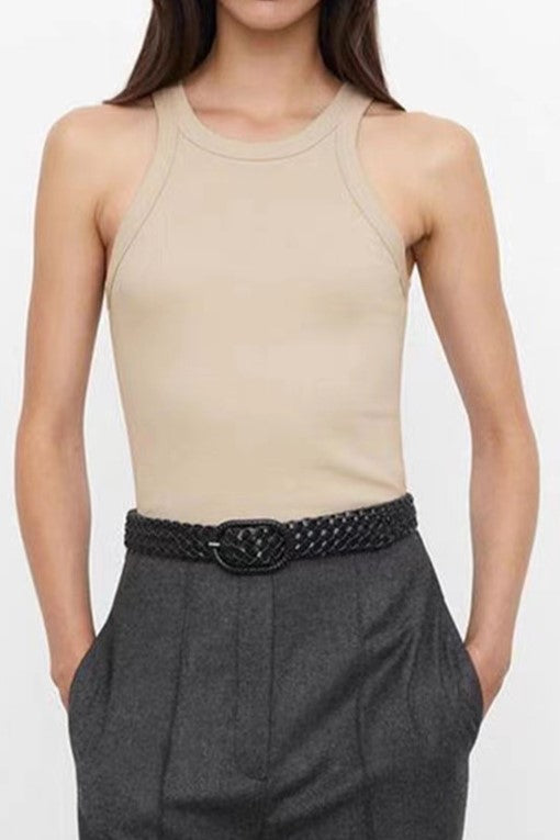 Ribbed Cotton Racerback Tank Top - Beige - 1