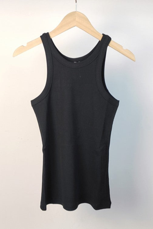 Ribbed Cotton Racerback Tank Top - Black