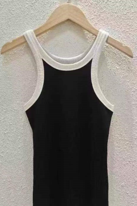 Ribbed Cotton Racerback Tank Top - Black-W