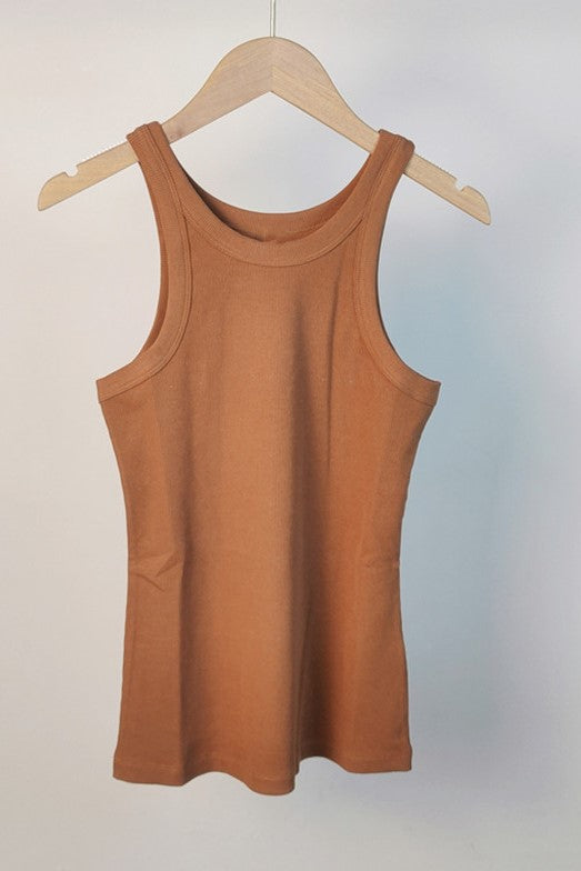 Ribbed Cotton Racerback Tank Top - Caramel