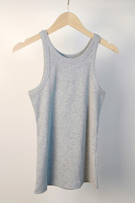 Ribbed Cotton Racerback Tank Top - Gray
