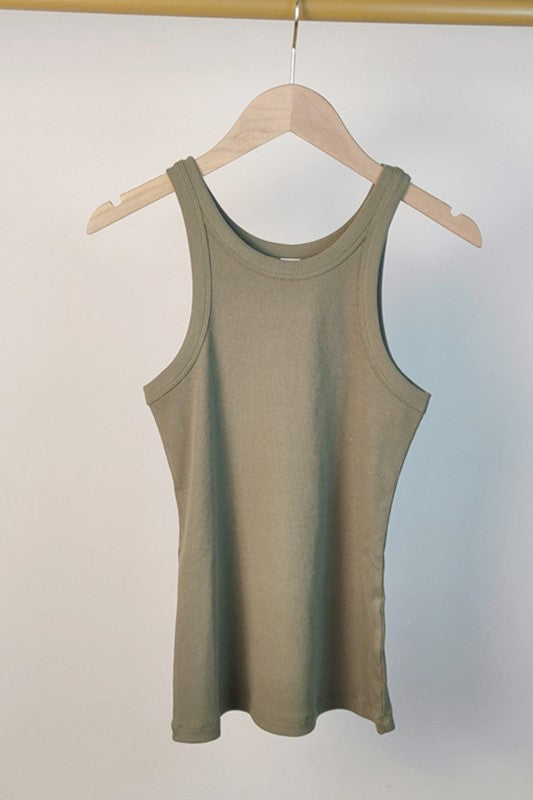 Ribbed Cotton Racerback Tank Top - Olive