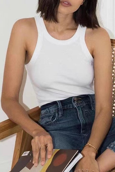 Ribbed Cotton Racerback Tank Top - White
