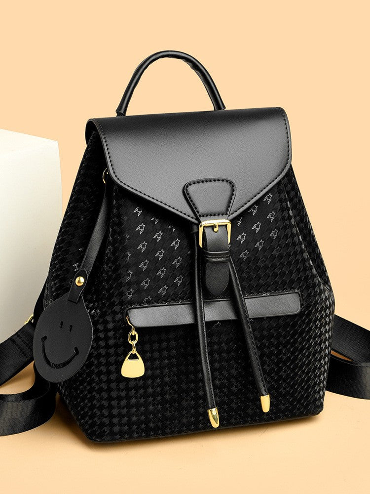 Houndstooth Drawstring Flap Mini Backpack - Black