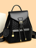 Houndstooth Drawstring Flap Mini Backpack - Black