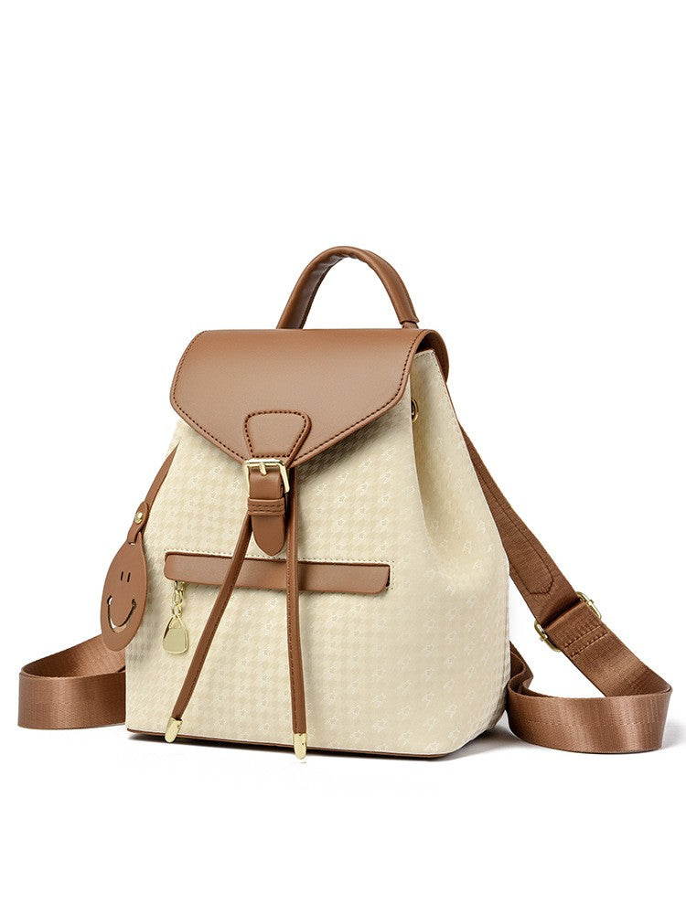 Houndstooth Drawstring Flap Mini Backpack - Cream