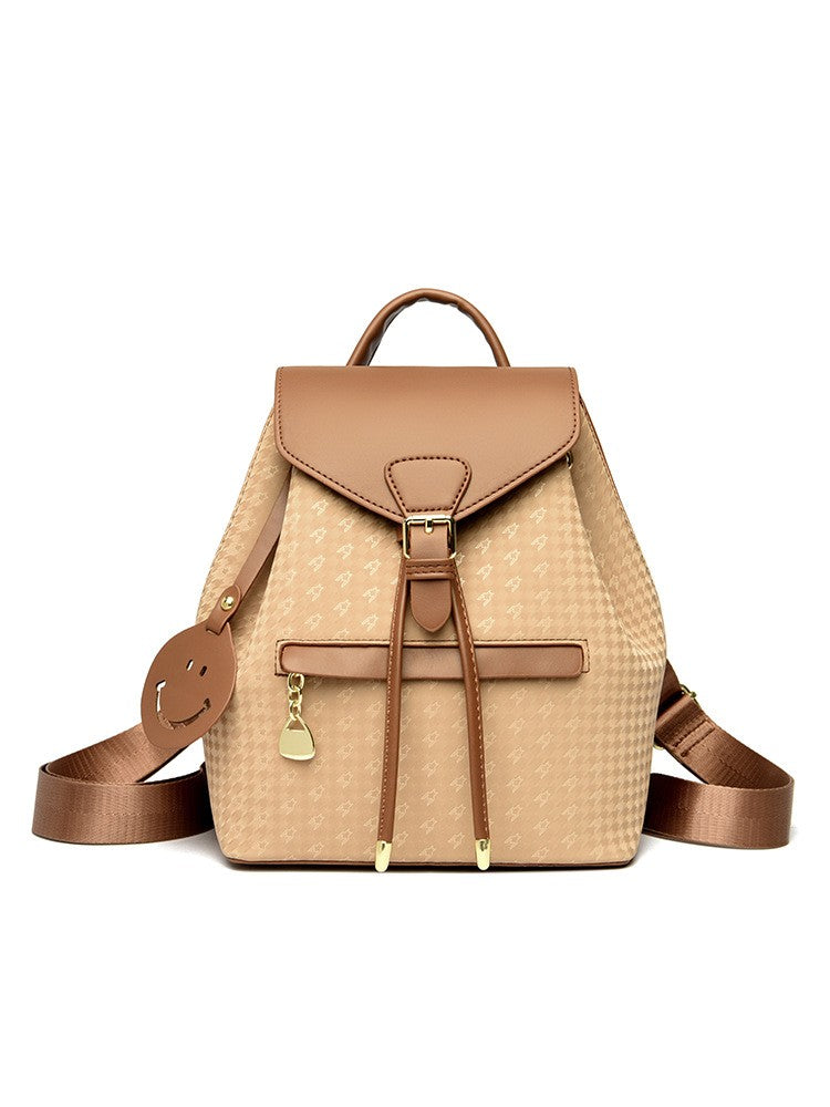 Houndstooth Drawstring Flap Mini Backpack - Khaki