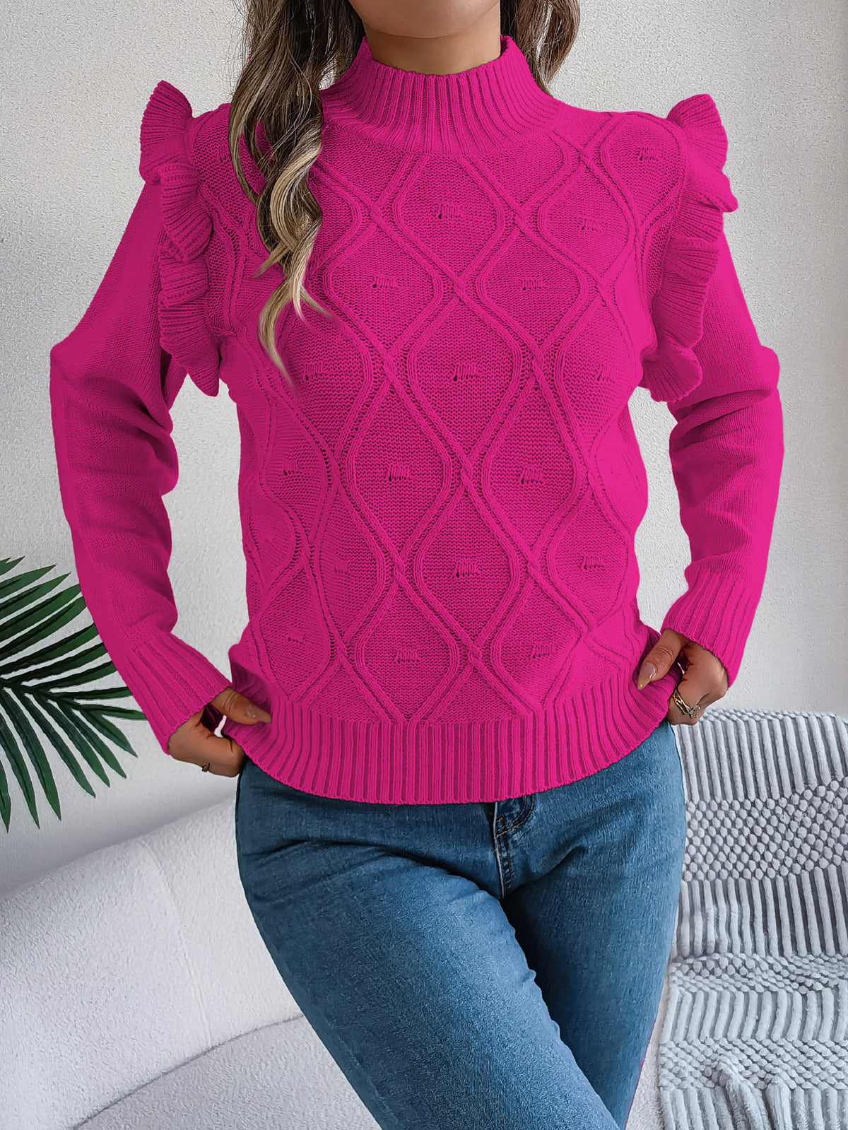 Ruffle Shoulder Mock Neck Textured Sweater - Rosered