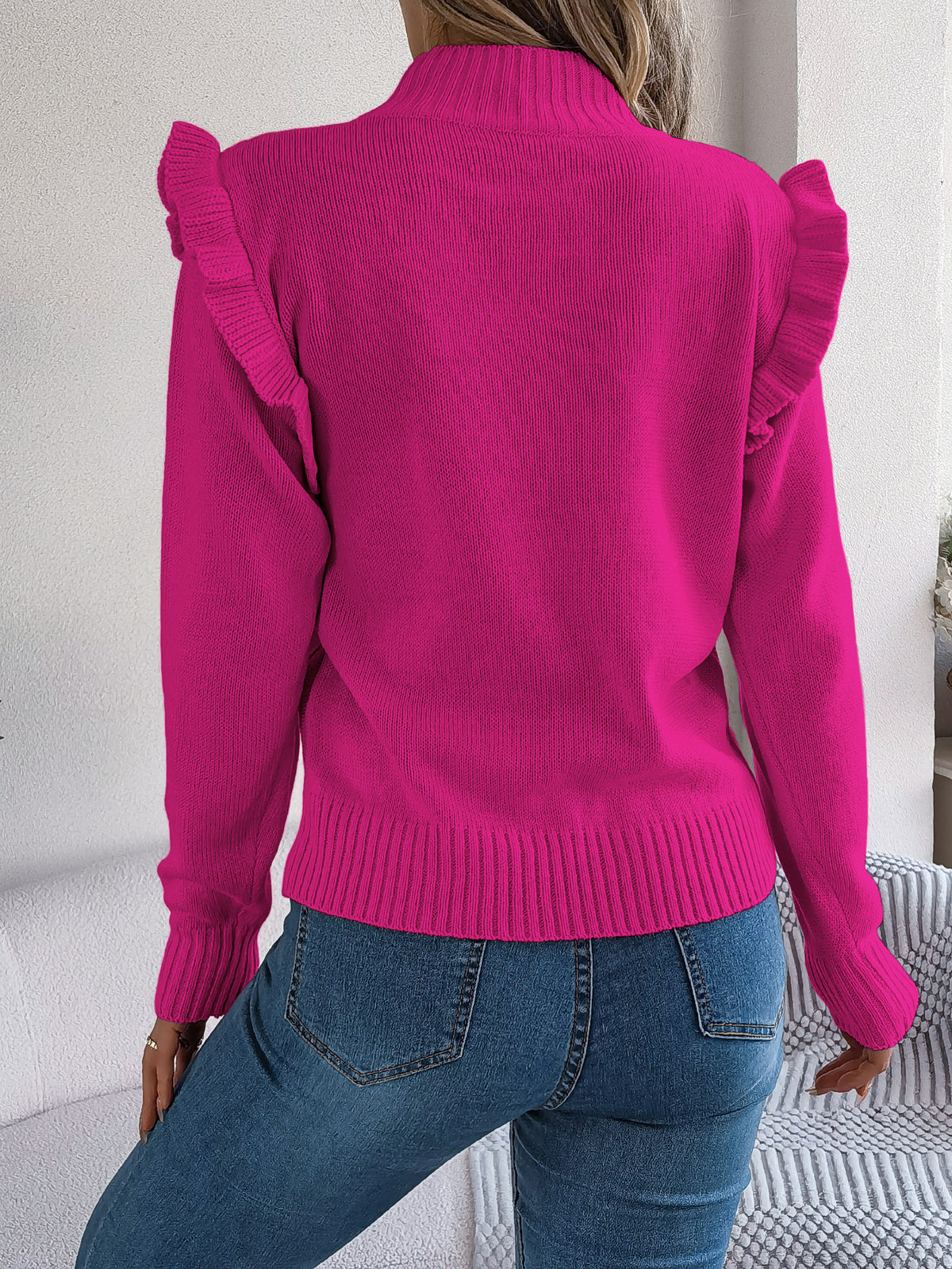 Ruffle Shoulder Mock Neck Textured Sweater - Rosered - 1
