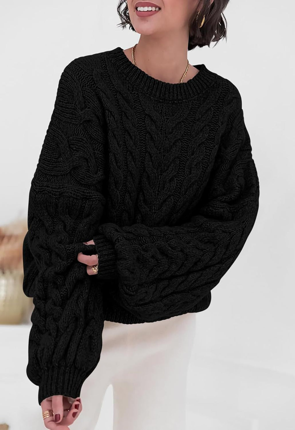 Slouchy Cable Knit Crew Neck Chunky Sweater - Black