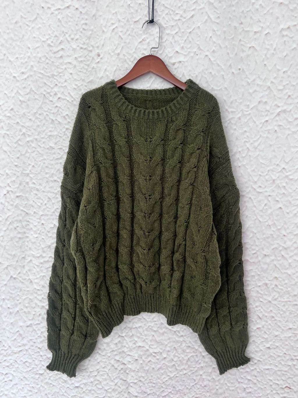 Slouchy Cable Knit Crew Neck Chunky Sweater - Green