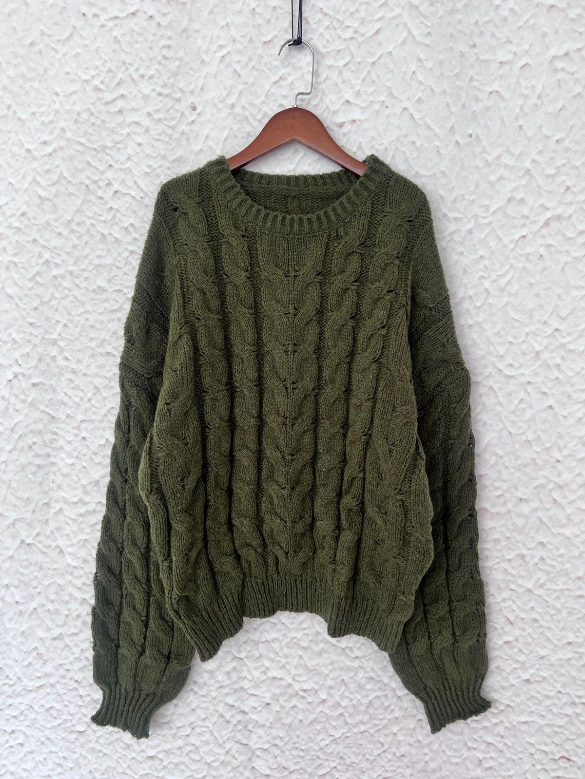 Slouchy Cable Knit Crew Neck Chunky Sweater - Green