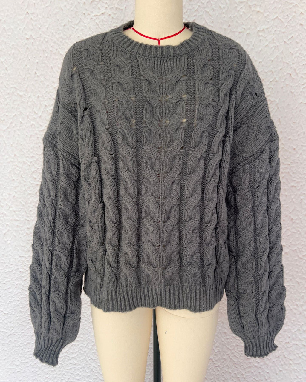 Slouchy Cable Knit Crew Neck Chunky Sweater - Grey