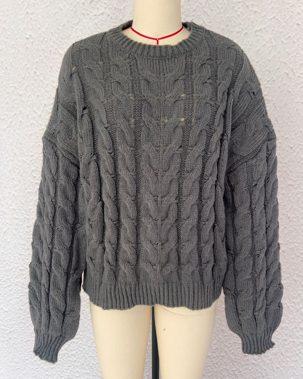 Slouchy Cable Knit Crew Neck Chunky Sweater - Grey