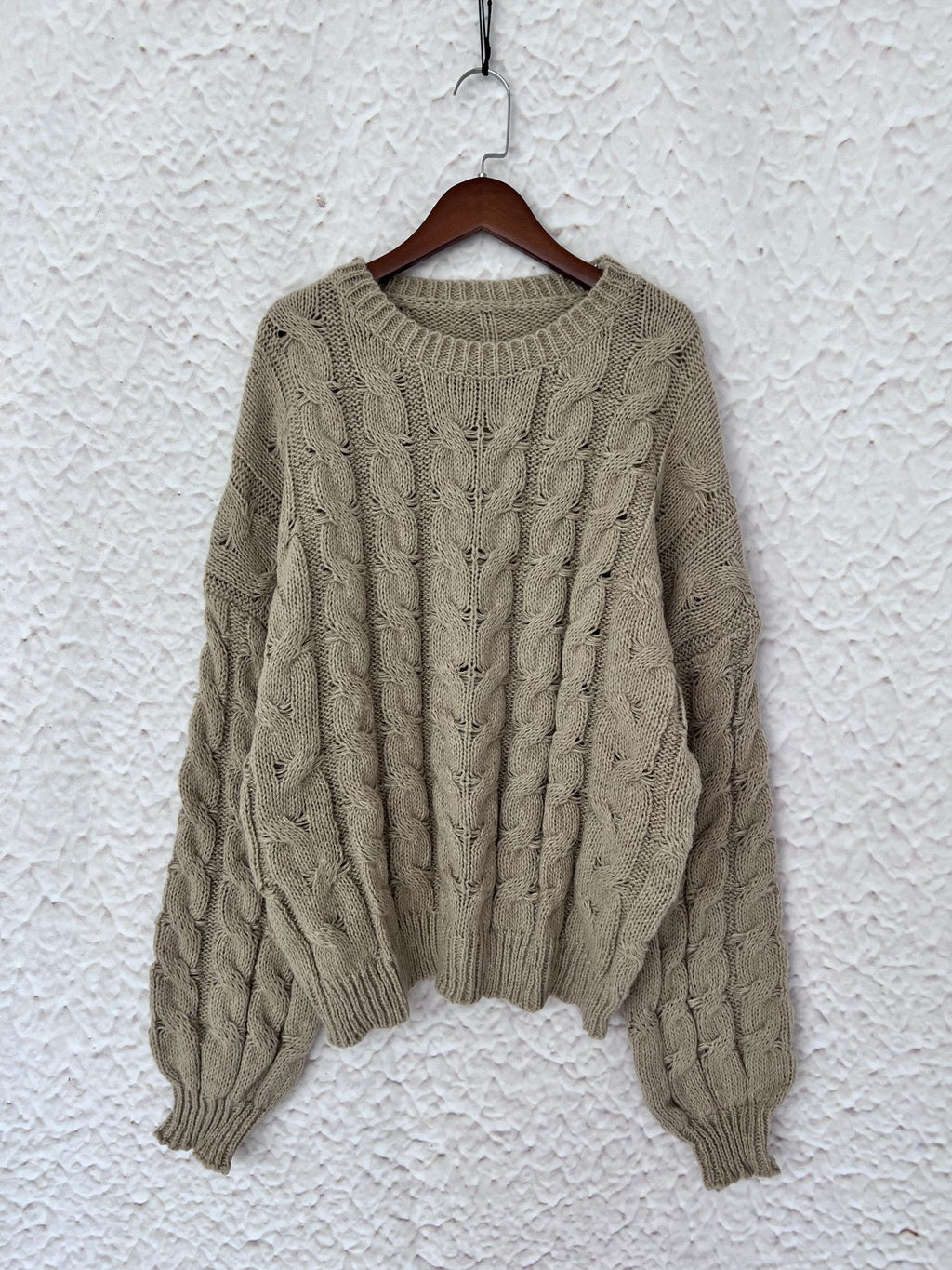 Slouchy Cable Knit Crew Neck Chunky Sweater - Khaki