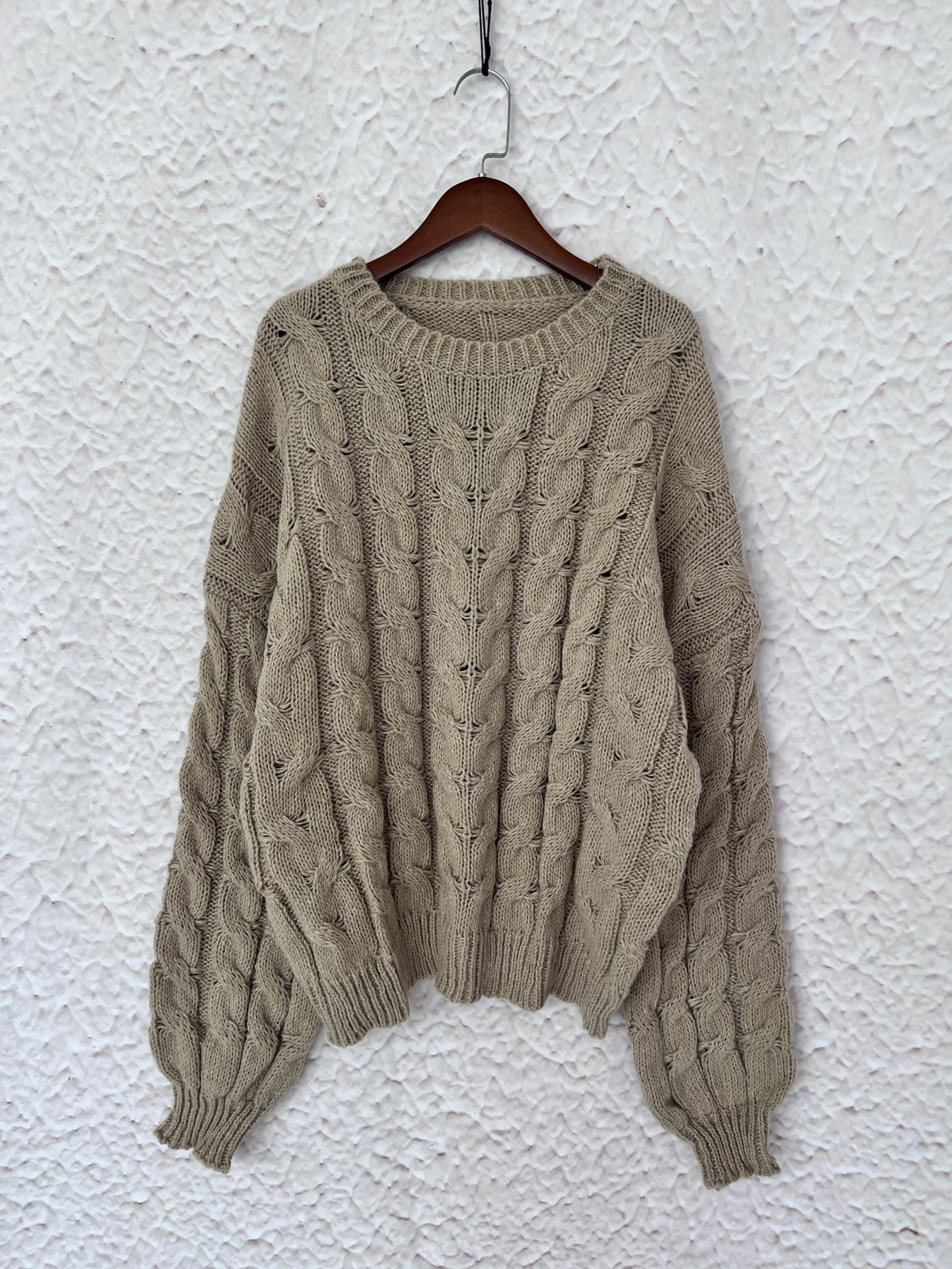 Slouchy Cable Knit Crew Neck Chunky Sweater - Khaki