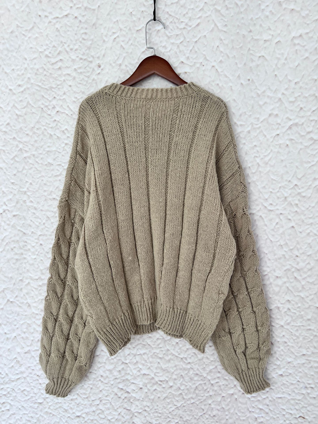 Slouchy Cable Knit Crew Neck Chunky Sweater - Khaki - 1